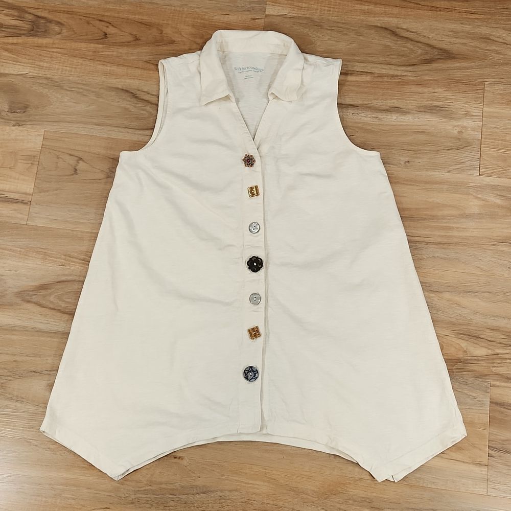 🔺️Soft Surroundings Cream Buttoned Sleeveless Tunic Top Medium